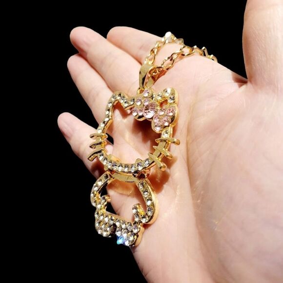 Brand New Gold Rhinestone With Pink Ribbon Hello Kitty Necklace - Picture 2 of 7